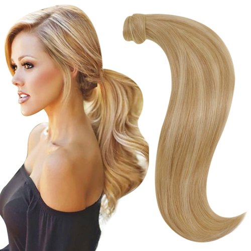 RUNATURE 18 Inch Ponytail Human Hair Extensions Long Ponytail Extension Real Human Hair Light Blonde Highlight Golden Blonde Hair Ponytail Extension Wrap Around Pony Tails Remy Hair Extensions 80g