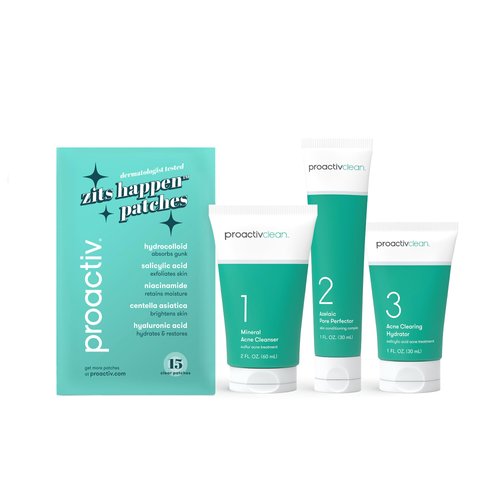 Proactiv Clean 3 Step Acne Treatment Routine- Sulfur Acne Treatment Cleanser, Azelaic Acid Serum, and Facial Moisturizer for Acne Prone Skin- 30 Day Acne Skin Care Kit w/Zits Happen® Pimple Patches