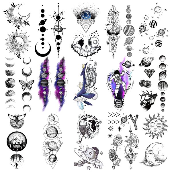 Oottati 15 Sheets Small Cute Hand Arm Temporary Tattoo Stickers Space Astronaut Planet Sun Moon Whale