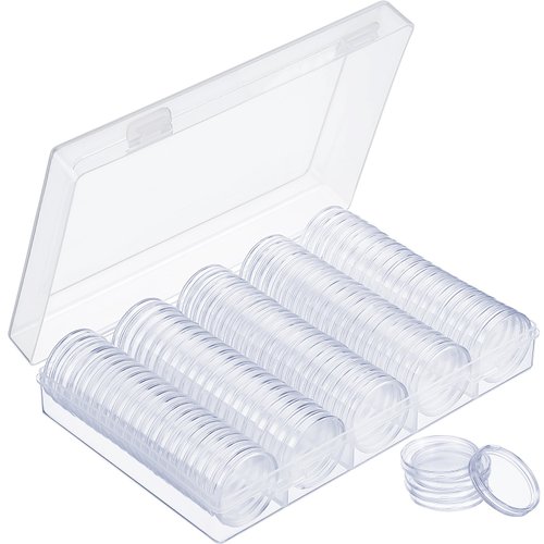 Hicarer 100 Pieces Clear Plastic Coin Capsules Coin Holders for Collectors Coin Protectors Coin Case with Storage Organizer Box for Morgan Silver Dollars Glitter Samples Collection Supplies, 30 mm