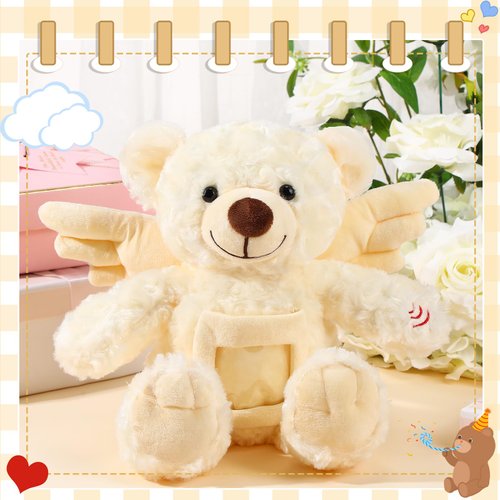 Leyndo Angel Remembrance Bear Plush Stuffed Animal with Recorder 12 Inch Voice Recording Dolls with a Picture Frame Memorial Toy for Family Baby Shower Birthday Party Gifts(Cream)