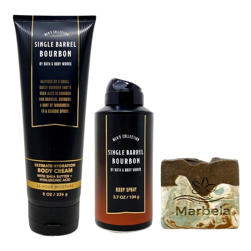 Bath & Body Works Men's Collection Single Barrel Bourbon Body Cream and 3-in-1 Hair, Face & Body Wash Bundle with a Cabin Spice Bar Soap - Full Size