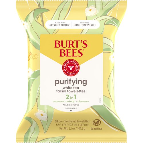 Burt's Bees Purifying Facial Towelettes With White Tea, Pre-Moistened Towelettes for All Skin Types, 99.1 Percent Natural Origin Skin Care, 30 ct. Package