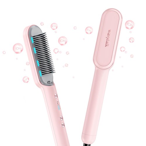 Wavytalk Hair Straightener Brush, Ionic Hair Straightening Comb with Negative Ions, Anti-Scald Ceramic Flat Iron Comb Fast Heating for Home Salon, Dual Voltage Pink.