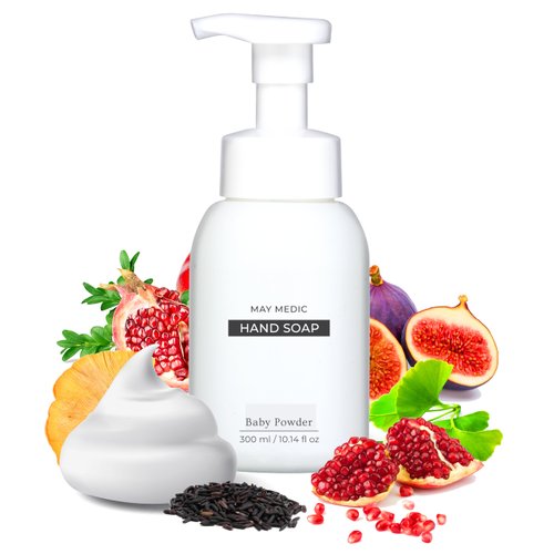 MAY MEDIC Baby Powder Double Scented Foaming Hand Soap, Moisturizing Foam with Fig and Pomegranate Extract, Vegan Wash for Bathroom and Kitchen, 10.14 fl oz (No Box)