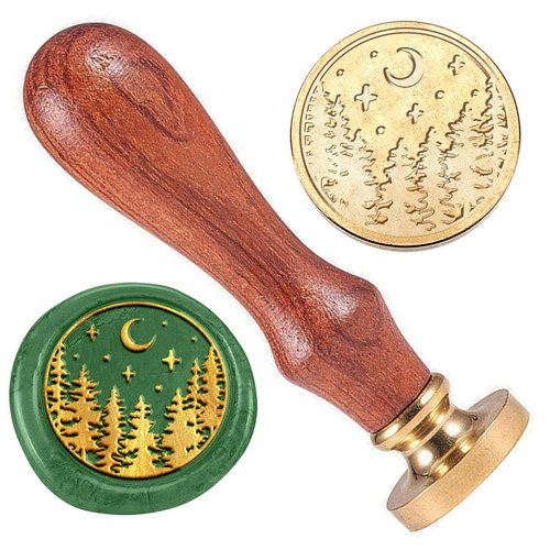 DELORIGIN Forest Moon Wax Sealing Stamp, 1" Brass Wax Seal Stamp Head with Wooden Handle Vintage Mountain Wax Stamp for Invitation Cards Gift Wrapping Envelopes Wine Package Decoration