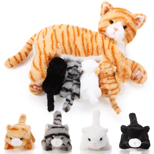 Skylety Nurturing Cat Stuffed Animal with Plush Kittens, Valentine Cat Baby Stuffed for Girls and Boys Plushy Kitty Mommy Cat with 4 Baby Cats for Birthday Party Favors Gifts(Cute Style)