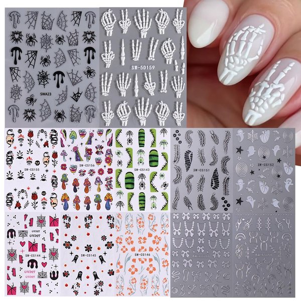 12pcs Halloween Nail Stickers DIY 5D/3D Embossed Design White Skull Bone Pumpkin Spider Web Ghost Flower Decals Nail Supplies DIY Adhesive Nails with 3pcs Manicure Tools (AZ03-SW-12)