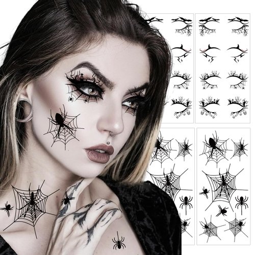 Halloween Spider Face Eye Tattoos Eyeliner Eyeshadow Temporary Tattoo Stickers for Women Girls Spider Web Halloween Costume Cosplay Apparel Accessories Party Favor Supplies(4Sheets)