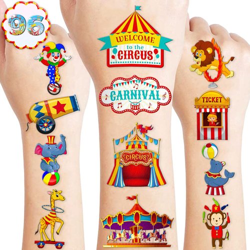 96PCS Carnival Circus Colorful Animals Temporary Tattoos Theme Birthday Party Decorations Supplies Favors Decor Cute Ticket Booth Clown Tattoo Stickers Gifts For Games Kids Boys Girls Prizes Christmas