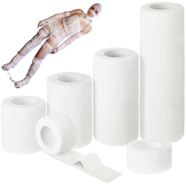 10 Rolls Halloween Mummy Bandage Wrap for Costume 50 Yards Zombie Bandage Gauze Rolls, 5 Sizes, Self Adhesive Bandage Wrap Stretch Cosplay Bandages Mummy Costume Cloth Bandages