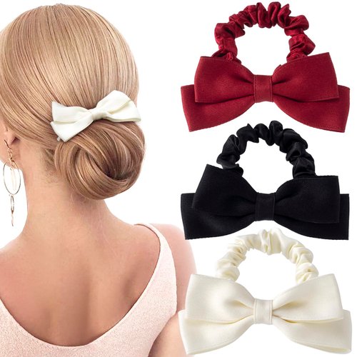 CustomyLife 3pcs Silk Bow Scrunchies Black Red White Bowknot Hair Ties Ropes Elastic Bands Ponytail Holder Wedding Bachelorette Party Halloween Christmas Accessories for Thick Long Hair Women Teen