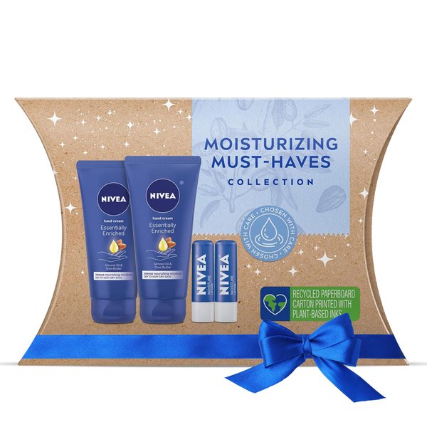 NIVEA Moisturizing Must-Haves Skin Care Set, Essentially Enriched Hand Cream with Almond Oil and Shea Butter, 2.6 Oz Tube (Pack of 2) + Moisture Lip Care Lip Balm, 0.17 Oz Stick (Pack of 2)