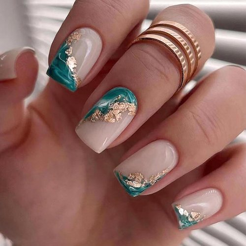 Medium Press on Nails Marble Square Shape Fake Nails French Tip Glue on Nails Full Cover Acrylic Nails Cute False Nails Medium Length Stick on Nails Glossy Artificial Nails for Women DIY Manicure