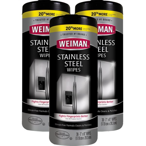 Weiman Stainless Steel Cleaner Wipes (3 Pack) Removes Fingerprints, Residue, Water Marks and Grease from Appliances - Works Great on Refrigerators, Dishwashers, Ovens, and Grills - Packaging May Vary