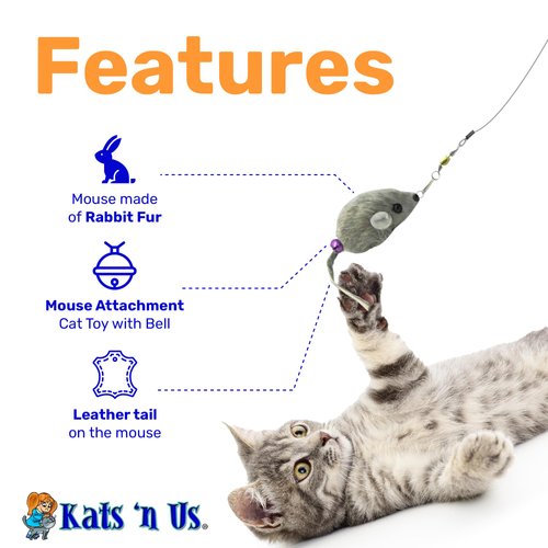 Kats'N Us Rabbit Fur Cat Toy Wand - Furry Mouse with Bell, Interactive Toy Mice for Cats, Cat Entertainment Wand Toy - Grey 2 Inch Mouse