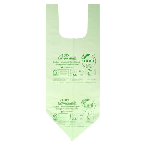 UNNI Compostable Bags with Handles, 1.2-1.6 Gallon, 6 Liter, 100 Count, 0.64 Mil, Samll Kitchen Food Scrap Waste Bags, T-Shirt Bags, ASTM D6400, US BPI, CMA & OK Compost Home Certified, San Francisco