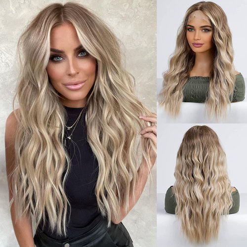 HAIRCUBE Long Ombre Blonde Lace Front Wigs for Women,Natural Wavy Middle Parting Synthetic Wigs Lace Wigs…