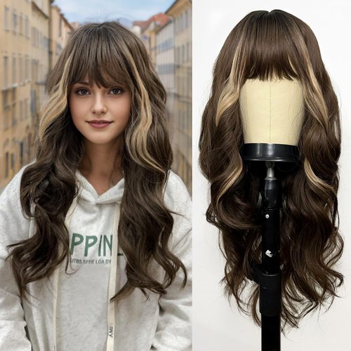 Romantic Angels Brown Wig with Bangs for Women Long Wavy Brown Highlight Wigs Natural Synthetic Wigs for Girls Daily Party Use 26 Inches