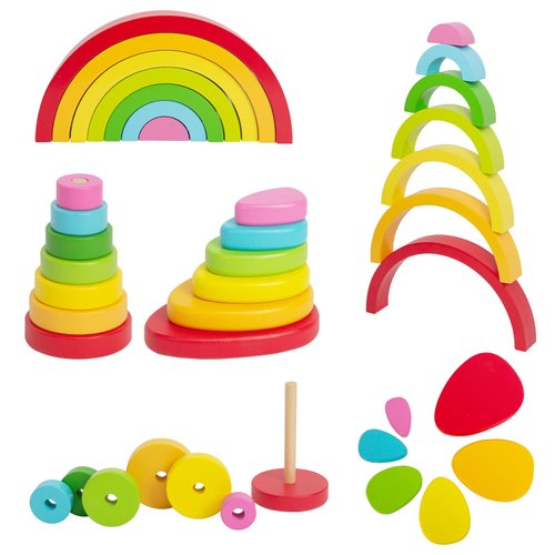 WOODENFUN Wooden Rainbow Stacker for Toddlers, 3 Set Stacking Rings Baby Toy Creative Color Shape Matching Learning Montessori Toys for 1 Year Old Up