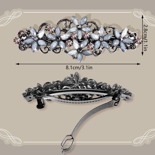 2 PCS Elegant Rhinestones Vintage Hair Clips for Thick Hair - Sparkly Glitter Fashion Flowers Hairpins in French Style Decorative Hair Accessories for Women and Girls (Black Gray, Gray)