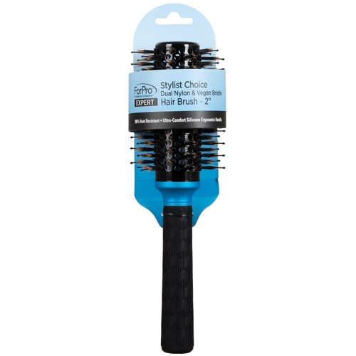 ForPro Expert Stylist Choice Dual Nylon & Vegan Bristle Hair Brush, 100% Heat Resistant, Silicone Ergonomic Handle, 2" Round Brush, Matte Blue