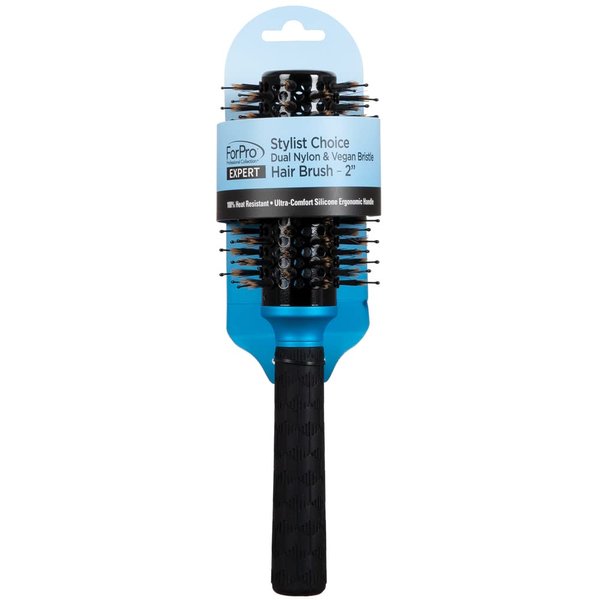 ForPro Expert Stylist Choice Dual Nylon & Vegan Bristle Hair Brush, 100% Heat Resistant, Silicone Ergonomic Handle, 2" Round Brush, Matte Blue