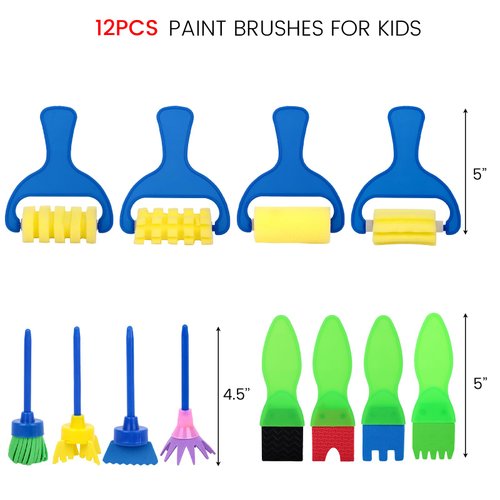 BIGOTTERS 12PCS Kids Paint Brushes, Sponge Paint Roller Brush,Washable Painting Brushes Set All Purpose Paint Supplies for Kids Gifts School Prizes Art Early Learning