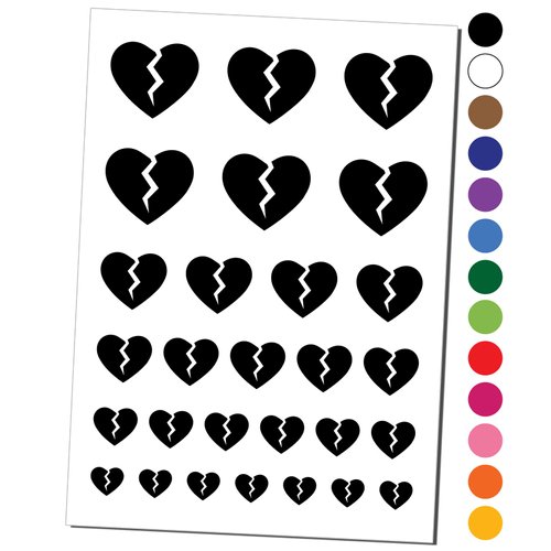 Broken Heart Love Temporary Tattoo Water Resistant Fake Body Art Set Collection - Black (One Sheet)