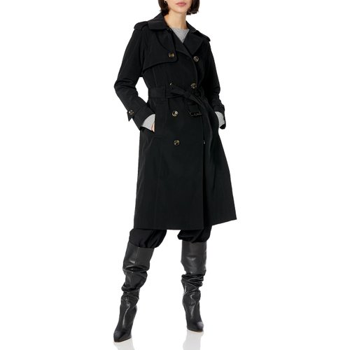 London Fog Women's Plus Size Double-Breasted 3/4 Length Belted Trench Coat, Black, 2X