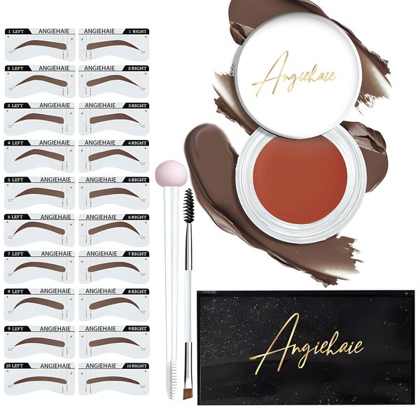 Eyebrow Stamp Stencil Kit (Auburn), Long-lasting Pomade Brow Definer Eyebrow Pencil, 24pc Eyebrow Stencils Thick and Thin, 2 Dual Ended Brush and Sponge Applicator for Natural & Perfect Make-up