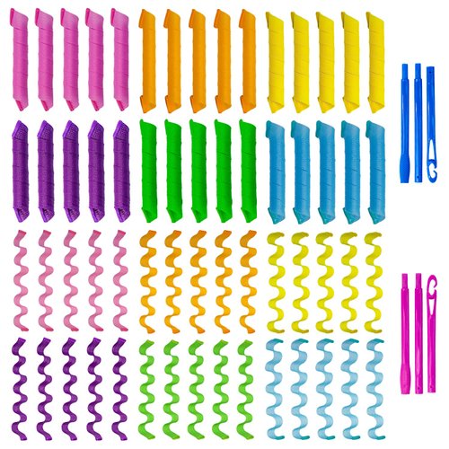 60pcs Heatless Hair Curlers Rollers Spiral and Wave Styling Kit with 2 Sets Styling Hooks,No Heat Curlers for Women Girl's Medium and Long Hair (17.8 Inch/45 cm) Gold