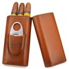 AMANCY Premium 3- Finger Brown Leather Cigar Case, Cedar Wood Lined Cigar Humidor with Silver Stainless Steel Cutter