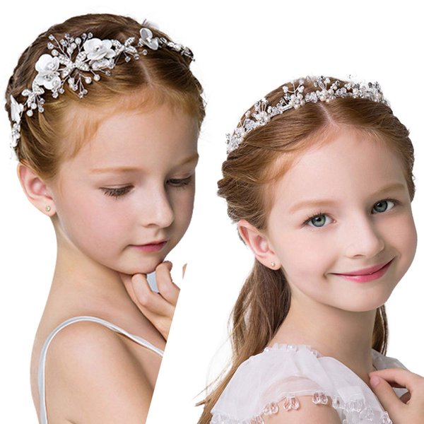 WILLBOND 2 Pieces Wedding Flower Crown Princess Wedding Headpiece Baptism Gift First Communion Headpiece for Girls Communion Veil Crystal Tiara for Girls Wedding and Flower Girls