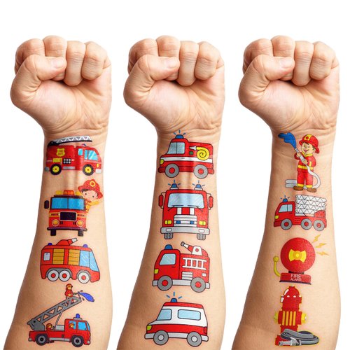 8 Sheets (96PCS) Fire Truck Temporary Tattoos Themed Firefighter Birthday Party Supplies Favors Decorations Stickers for Kids Gifts Classroom School Prizes Rewards