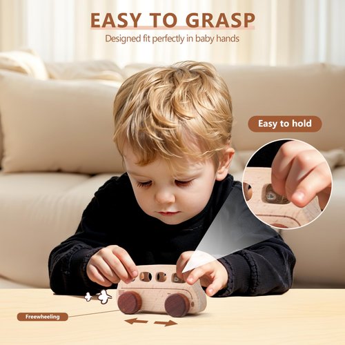 ibwaae Wooden Cars Toys, Montessori Toys for Babies, Baby Toy Cars for Toddlers, Wood Push Truck Vehicle Wooden Baby Toys for Boys Girls