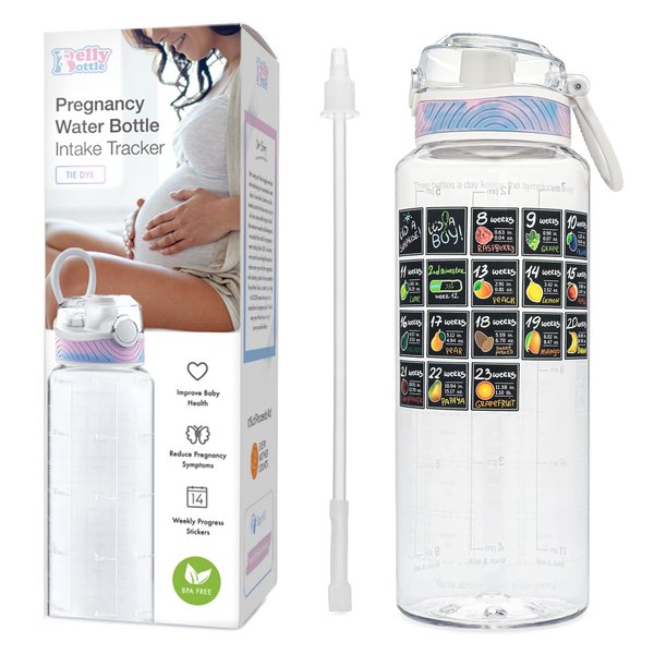 BellyBottle Pregnancy Water Bottle Tracker – Pregnancy Must Haves First Trimester – Pregnancy Gifts for Expecting Mom – Pregnancy Essentials Nausea Relief – Weekly Stickers + Straw + BPA Free – Tidye