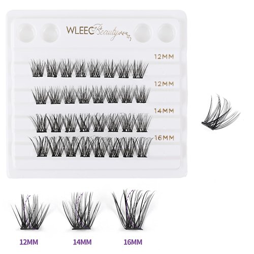 Wleec Beauty Self Adhesive Lash Clusters - Natural, DIY Lash Extensions 32PCS - No Glue Needed, Pre-Glued Lash Clusters, D Curl Eyelash Clusters Wispy Individual Lashes (S16, Mix 12-14-16mm)
