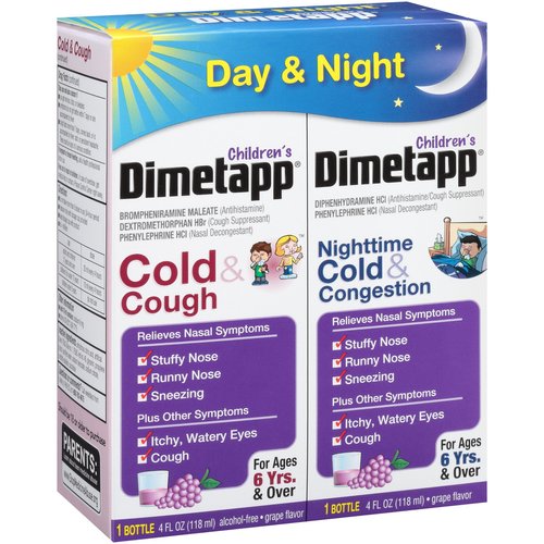 Dimetapp Children's Cold & Cough Antihistamine, Cough Suppressant, & Decongestant - Day & Night (Grape Flavor Liquid, 2-4 fl. oz. Bottles)