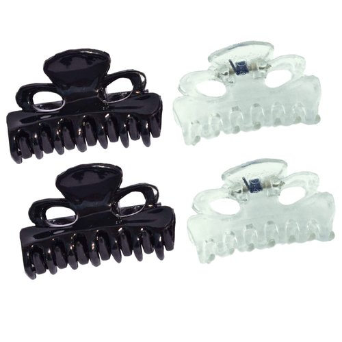 Parcelona French Petite Very Small 1" Celluloid Set of 4 No Slip Grip Jaw Hair Claw for Women, Made in France (Clear-Black)