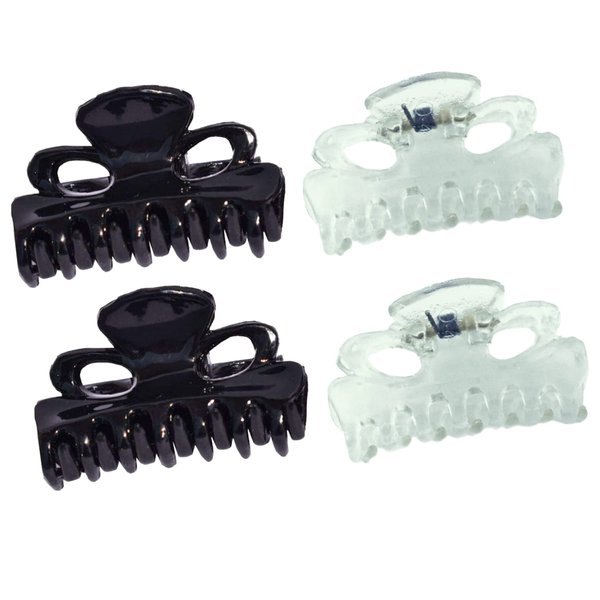 Parcelona French Petite Very Small 1" Celluloid Set of 4 No Slip Grip Jaw Hair Claw for Women, Made in France (Clear-Black)