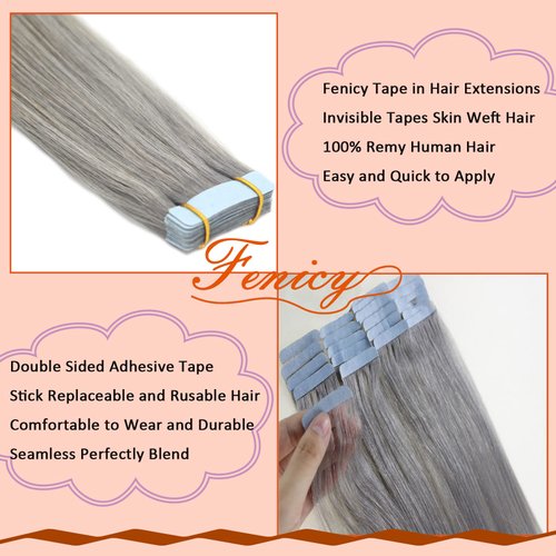 Fenicy Gray Hair Extensions Tape in Human Hair Real Hair Silver Gray Seamless Skin Wefts Tape-on Remy Hair Extensions Light Grey Invisible Double Sided Adhesive Tape-ins Hair 16inch 10Pcs/Pack