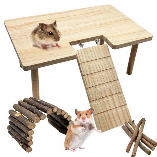 Hamster Platform with Legs, Small Syrian Hamsters Climbing Platforms with Ramp Kit with Hamster Hest, Wood Ladder Bridge Rat Playing Toy Standing Table Gerbil Cage Accessories