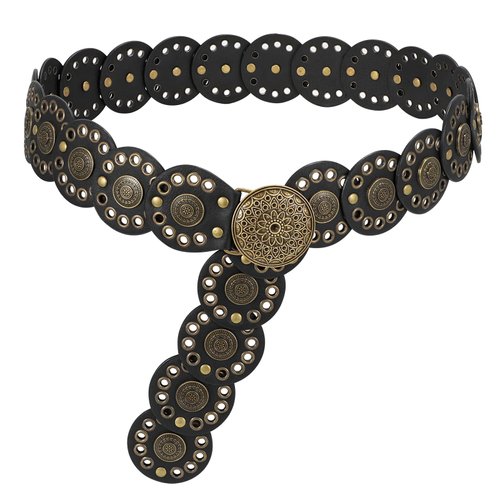 LEACOOLKEY Hollow Disc Belt Western Leather Belt Boho Concho Belt Vintage Waist Belt for Women