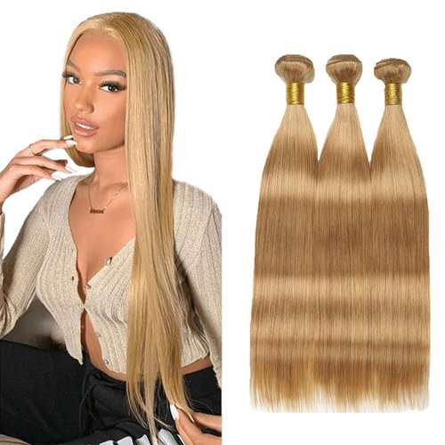 27 Blonde Bundles Human Hair Unprocessed Brazilian Virgin Hair Color #27 Straight Bundles 10 12 14 Inch 8A Grade Double Weft Weave Extensions Hair Soft And Healthy for Women