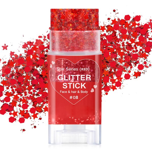 Paminify Red Body Glitter Stick, Christmas Makeup Chunky Sequins Face Glitter Rave Singer Concert for Kids and Women, Glitter Paint for Hair Eye Clavicle,Waterproof Shimmer Accessories for Parties