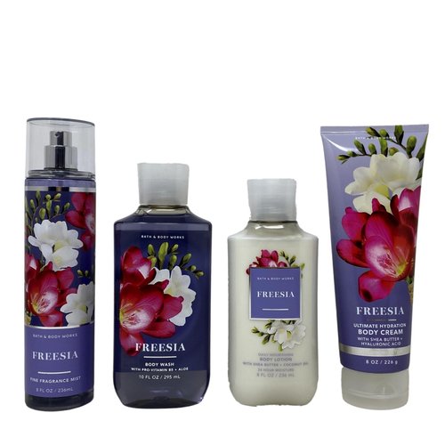 Generic Bath and Body Work Freesia 4 Piece Deluxe Gift Set - Fragrance Mist - Body Cream - Body Wash and Body Lotion.