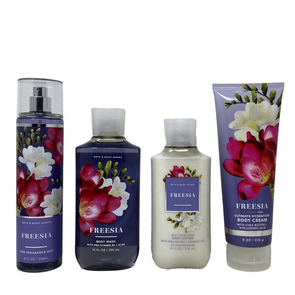 Generic Bath and Body Work Freesia 4 Piece Deluxe Gift Set - Fragrance Mist - Body Cream - Body Wash and Body Lotion.