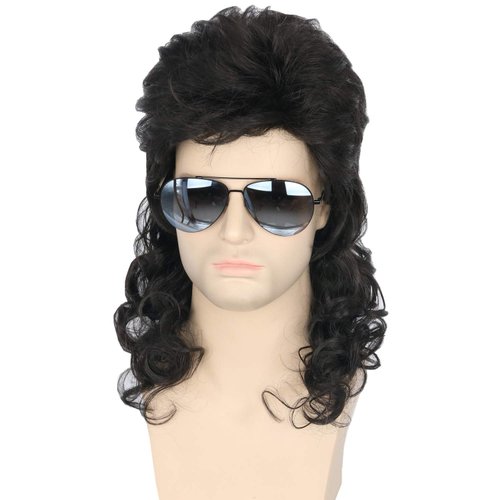 Topcosplay Men Wigs 80s Mullet Wig Black Curly Male Wig Halloween Costumes Punk Rocker Wig Long