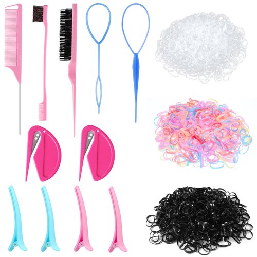 Colorful Mini Rubber Bands for Hair, Rubber Band Cutter for Hair, Topsy Tail Hair Tools, etc. Elastic Hair Ties with Styling Hair Tools for Baby Girls Women